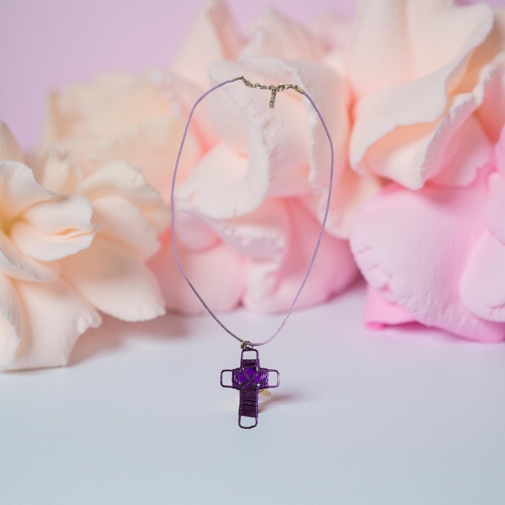 Purple Wire Cross on Thong necklace 18 inch